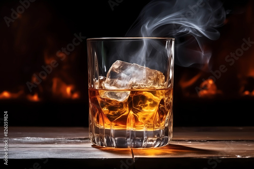 Glass of whiskey with ice on a wooden table. Cognac, brandy. Dark background.