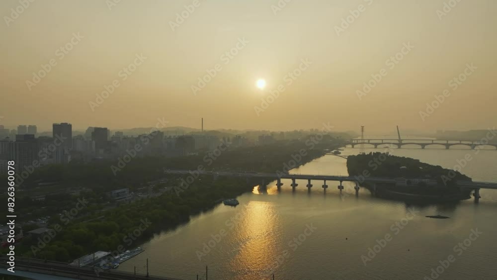 Drone View of Seoul city in South Korea, Dangsan, Han river, summer, sunset Drone View of Seoul city in South Korea, Dangsan, Han river, summer, sunset