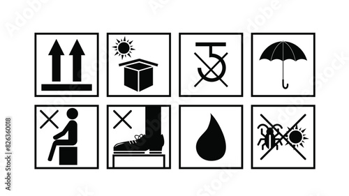 Set Of Packaging Symbols (this side up, handle with care, fragile, keep dry, keep away from direct sunlight, do not drop, do not litter, safety icon,use fifo system, max carton, recyclable).