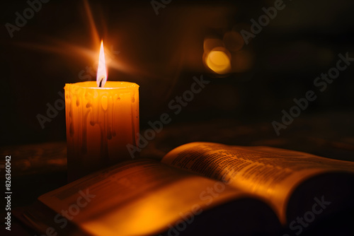 A candle is lit on a table next to an open book