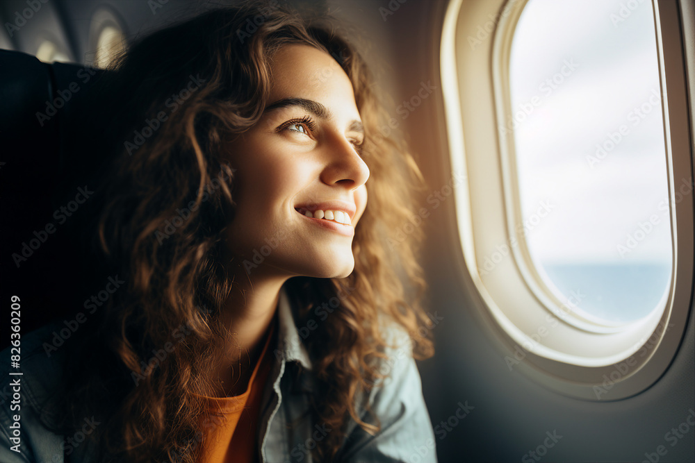 Close up portrait of a female is looking out the window of a airplane generative AI Close up portrait of a female is looking out the window of a airplane generative AI