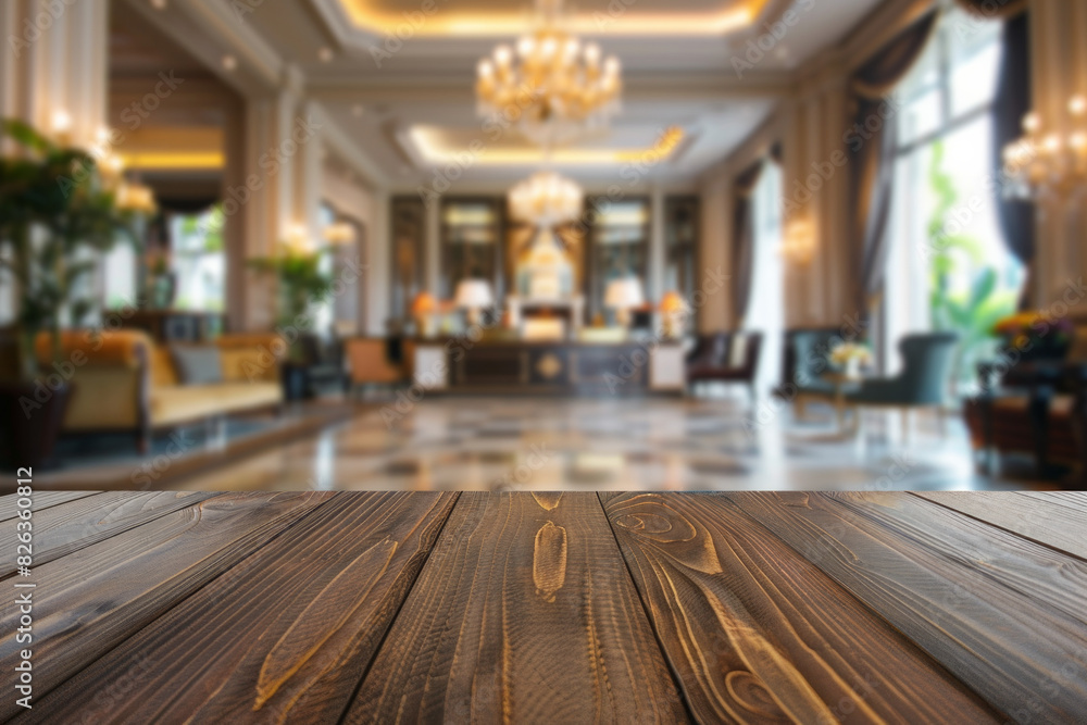 A polished wooden table in the foreground with a blurred background of a luxury hotel lobby. The background includes plush seating, elegant decors, a large chandelier, and a reception desk. A polished wooden table in the foreground with a blurred background of a luxury hotel lobby. The background includes plush seating, elegant decors, a large chandelier, and a reception desk.