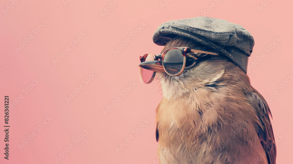 A stylish bird wearing sunglasses and a cap poses against a pink ...