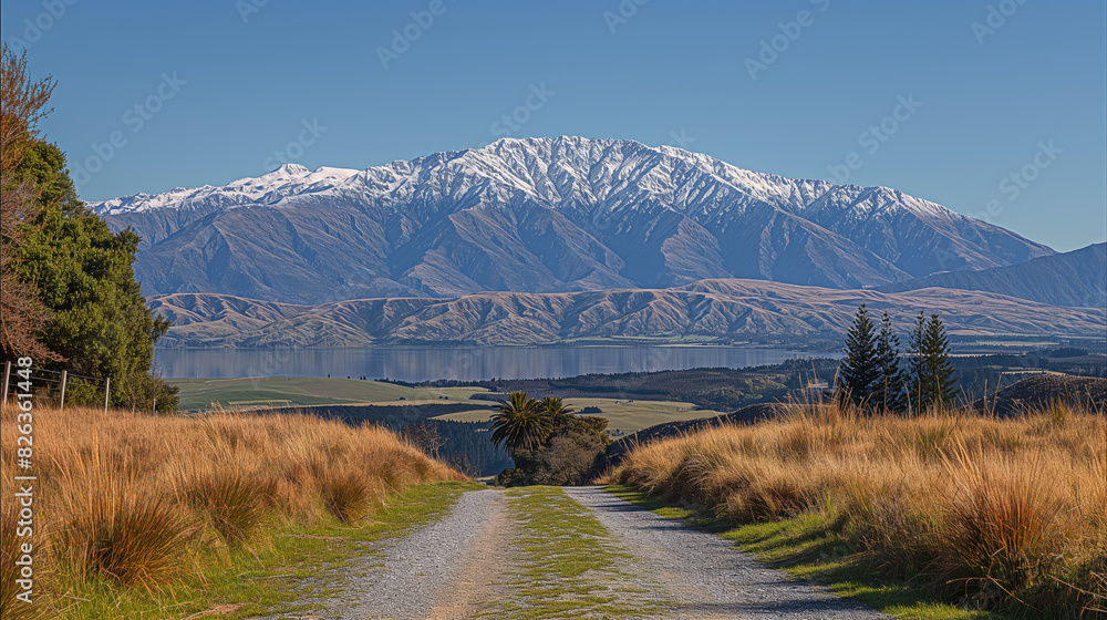A breathtaking view of a majestic mountain range with snow-capped peaks under a clear blue sky, lush valleys below, and a river meandering through the landscape. A breathtaking view of a majestic mountain range with snow-capped peaks under a clear blue sky, lush valleys below, and a river meandering through the landscape.