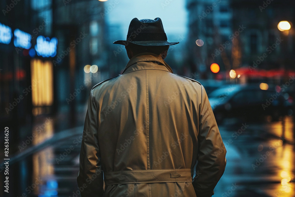 Mysterious man in trench coat under the rain at night in style of film 80s generative AI
