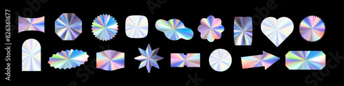 Holograph sticker with silver gradient and metal texture. Neon label, chrome tag, and holographic badge. Y2K price icon in circle shape with foil seal. Flat vector illustration isolated on white backg