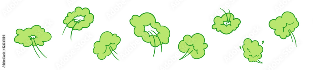 Green toxic smell cloud with cartoon fart icon. Bad odor and stinky gas shape. Poisonous smoke and flatulence sign. Flat vector illustration isolated on white background. Green toxic smell cloud with cartoon fart icon. Bad odor and stinky gas shape. Poisonous smoke and flatulence sign. Flat vector illustration isolated on white background.