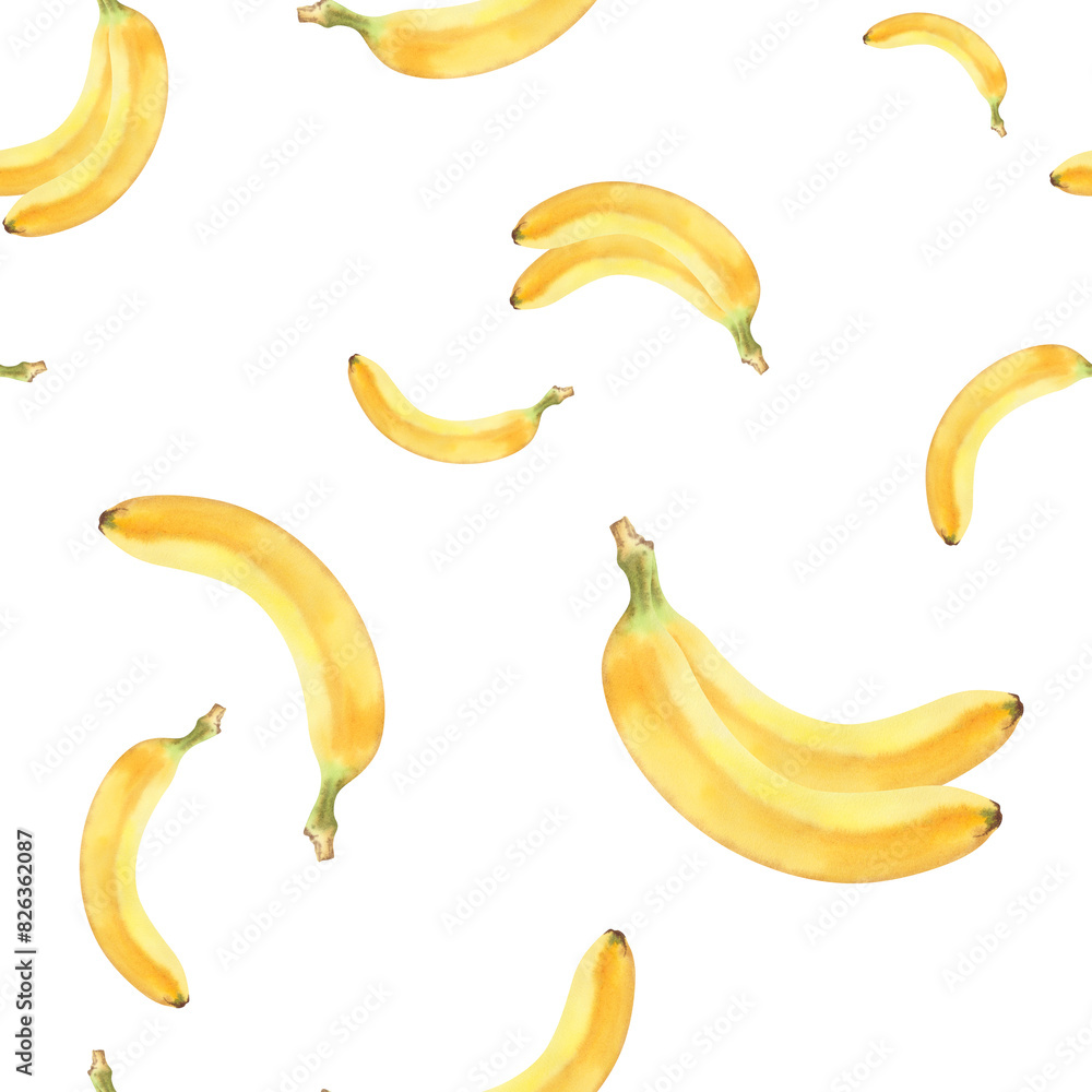 Banana seamless pattern on a white background. A watercolor illustration made by hand. Ripe tropical yellow banana. A template for decoration.