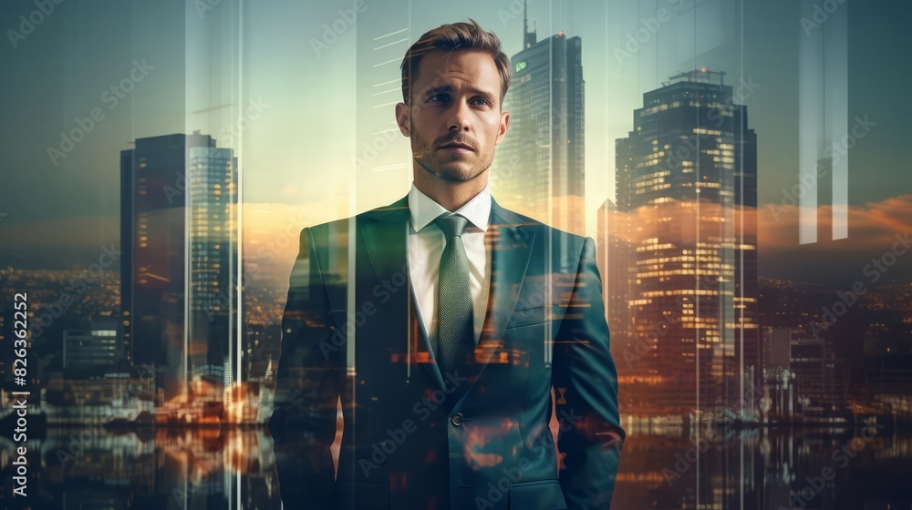 A highresolution double exposure image of a confident businessman in a suit, with a city skyline overlaid in the background The conceptual photograph captures themes of corporate success and urban amb A highresolution double exposure image of a confident businessman in a suit, with a city skyline overlaid in the background The conceptual photograph captures themes of corporate success and urban amb