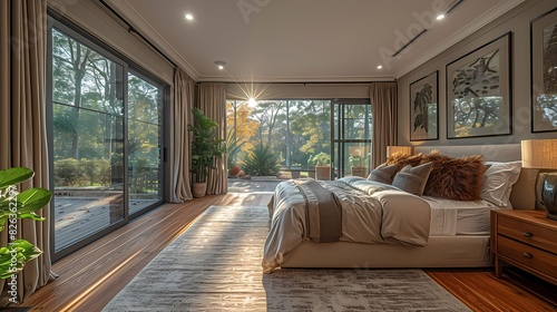 A spacious bedroom with floor-to-ceiling windows overlooking a lush garden  adorned with elegant silk curtains and a plush king-sized bed topped with velvet throw pillows. Sunlight streaming in