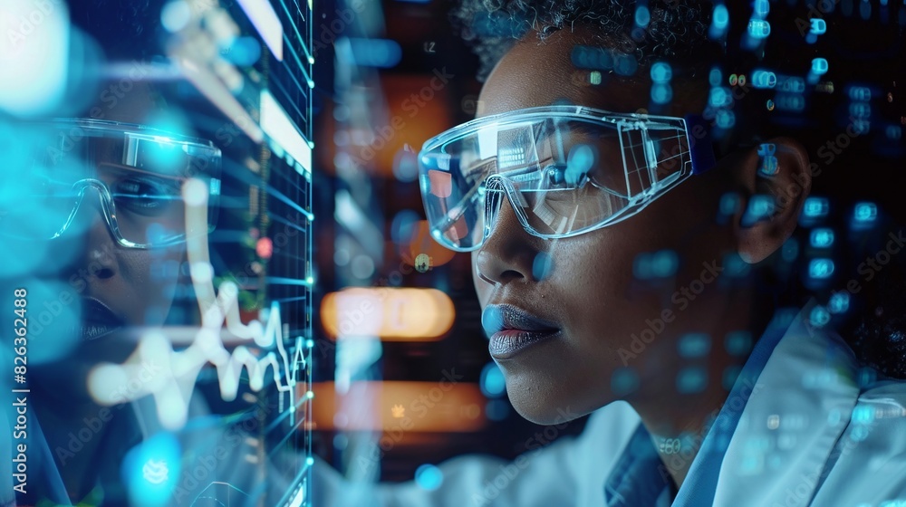 Close-up, double exposure of scientists conducting DNA sequencing, with genetic codes and helix visuals Close-up, double exposure of scientists conducting DNA sequencing, with genetic codes and helix visuals