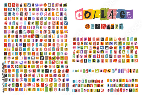 Alphabet collage of colorful cut out newspaper letters. Graffiti grunge style type font. Hand drawn alphabet .Handmade paper cut ransom note style font. Grunge punk clipped elements collection photo
