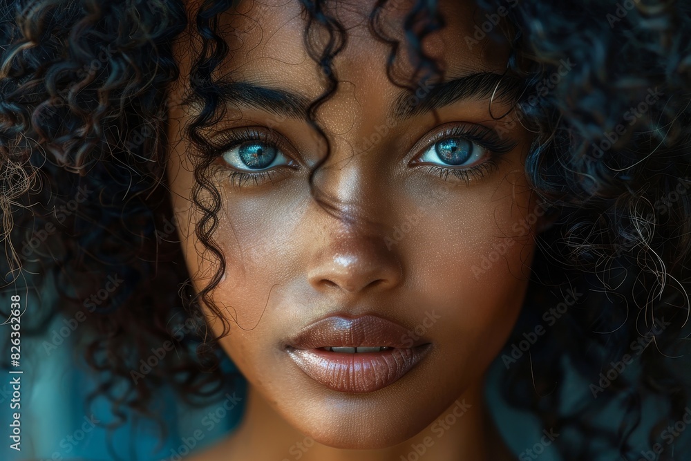 portrait charming black woman with blue eyes, curly hair portrait charming black woman with blue eyes, curly hair