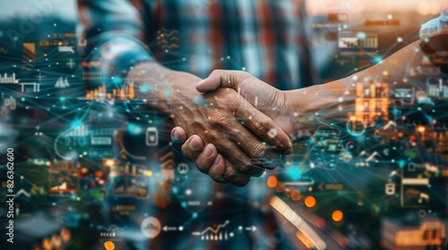Close-up of a business owner's handshake with a client, overlaid with images of a thriving business environment to illustrate entrepreneurship photo