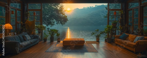 [Generative AI]Tranquil Sunset View from Cozy Lakeside Cabin