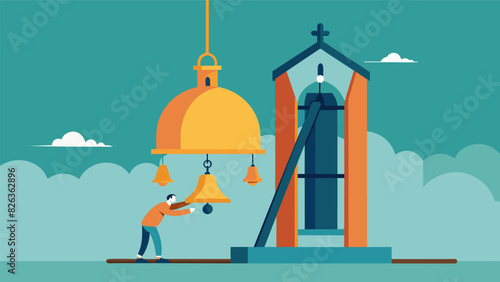 The old church bell being hoisted back up to its rightful place now shiny and new after being repaired by skilled workers.. Vector illustration
