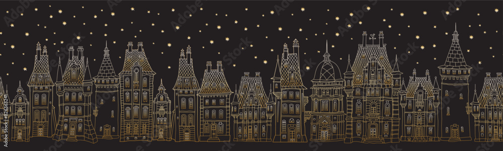Christmas and New Year seamless border pattern. Fairy tale European castles and houses panorama. Hand drawn gold and black sketch
