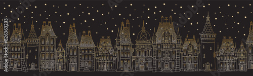 Christmas and New Year seamless border pattern. Fairy tale European castles and houses panorama. Hand drawn gold and black sketch