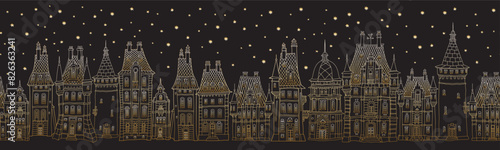 Christmas and New Year seamless border pattern. Fairy tale European castles and houses panorama. Hand drawn gold and black sketch