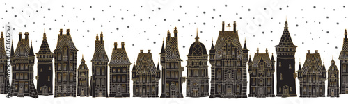 Christmas and New Year seamless border pattern. Fairy tale European castles and houses panorama. Hand drawn gold and black sketch on a white background