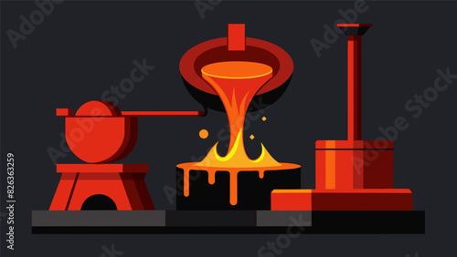The molten iron flows like a river from the bottom of the furnace glowing redhot as it is poured into molds and shaped for industrial use.. Vector illustration