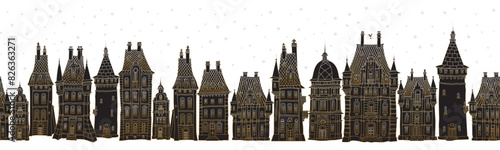 Christmas and New Year seamless border pattern. Fairy tale European castles and houses panorama. Hand drawn gold and black sketch on a white background