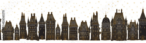 Christmas and New Year seamless border pattern. Fairy tale European castles and houses panorama. Hand drawn gold and black sketch on a white background