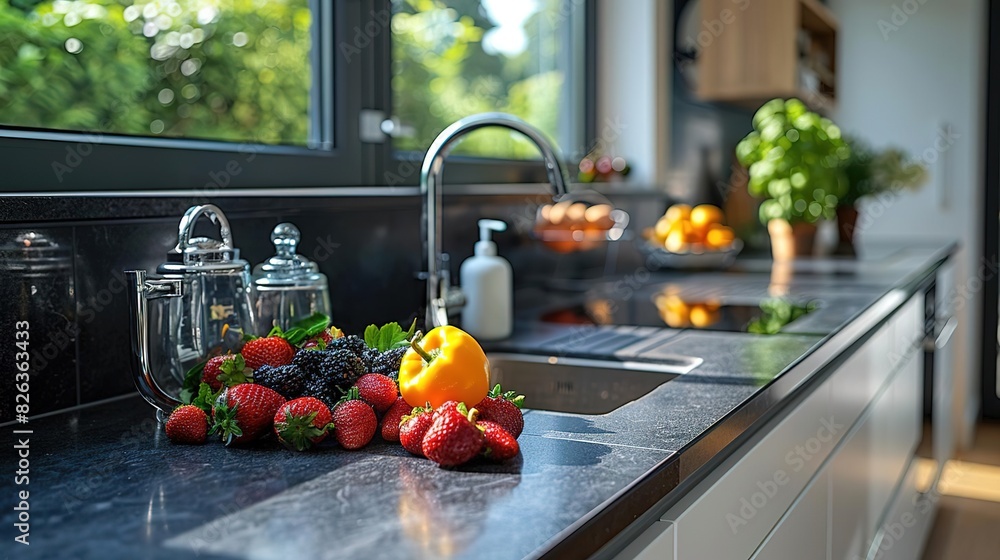 Clean geometric lines in a modern kitchen, white cabinets, black countertops, stainless steel appliances, abundant natural light, wide-angle, side view Clean geometric lines in a modern kitchen, white cabinets, black countertops, stainless steel appliances, abundant natural light, wide-angle, side view