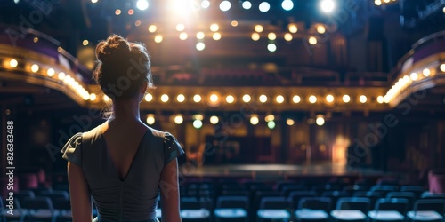 An actress performing a monologue in a well-lit theater, with the stage and seats blurred in the background