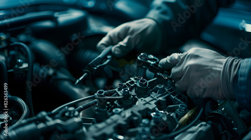 Close up hand of mechanic man worker is working on a car engine to fix the car.