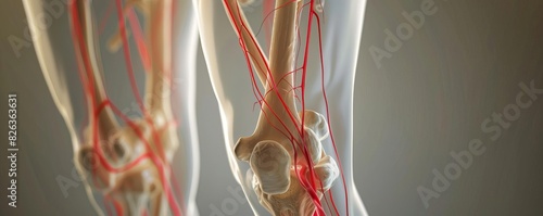 A medical image showing a red line on the anterior right thigh, representing crural nerves with visible bone and ligament alignment, assisting detailed clinical analysis photo