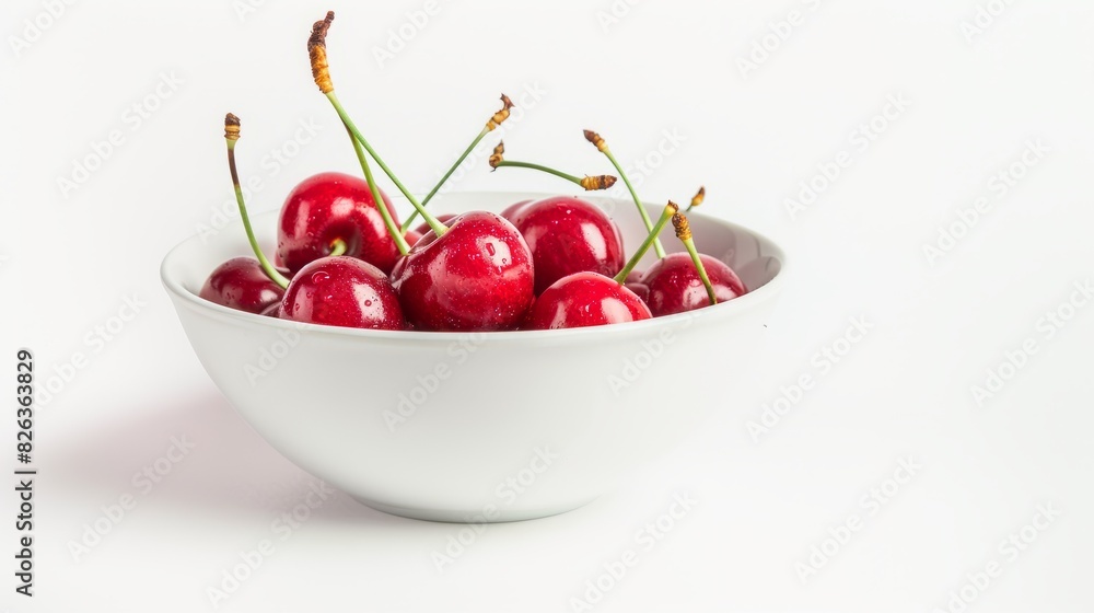 Fresh cherry berries in a bowl on a white background. The concept of a healthy diet and support for local producers. Close-up. Fresh cherry berries in a bowl on a white background. The concept of a healthy diet and support for local producers. Close-up.