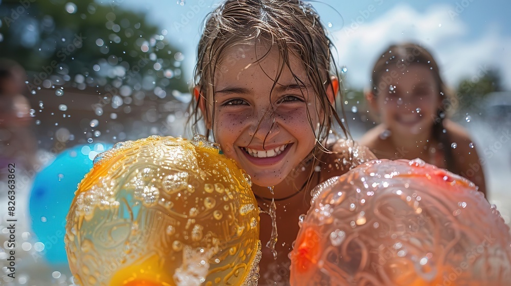 Naklejka premium Kids with water balloons, mid-splash, laughing, bright afternoon, wide-angle perspective, colorful, ample copy space on the top
