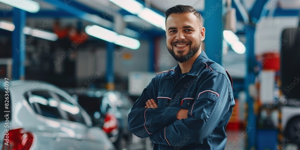 A professional mechanic in a bright and spacious car repair shop, with a smile on his face
