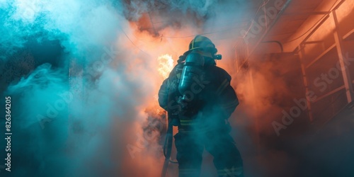 A firefighter in the smoke puts out a fire photo