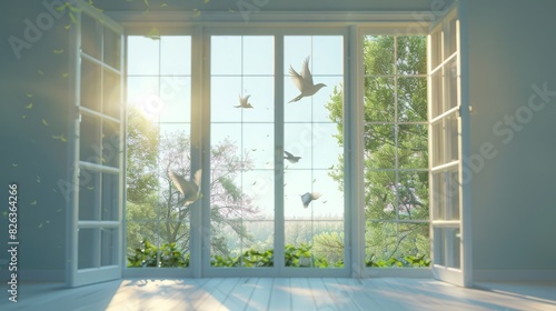 A window with a view of trees and birds © AnuStudio