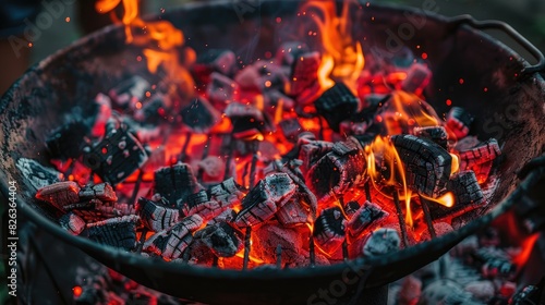 Barbecue grill pit with fiery open fire and glowing red flames hot charcoal briquettes and embers photo