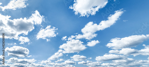 Beautiful blue sky and white cumulus clouds abstract background. Cloudscape background. Blue sky and fluffy white clouds on sunny days. Beautiful blue sky. World Ozone Day. Ozone layer. Summer sky.