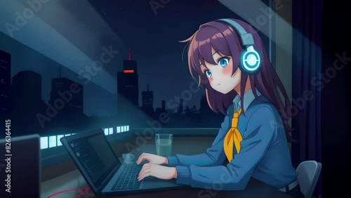 An anime girl in headphones using a laptop and typing on a keyboard at a cozy room at night