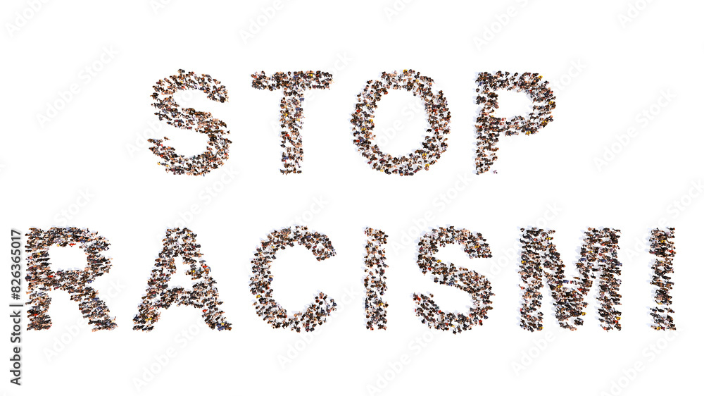 Concept conceptual large community of people forming STOP RACISM! slogan. 3d illustration metaphor for equality, social justice, end of discrimination, equal rights and opportunities Concept conceptual large community of people forming STOP RACISM! slogan. 3d illustration metaphor for equality, social justice, end of discrimination, equal rights and opportunities