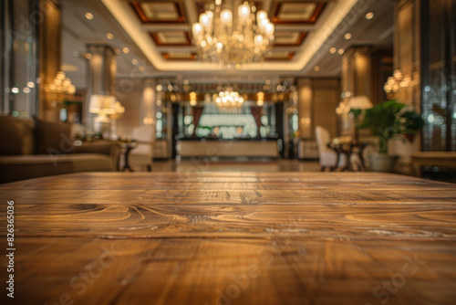 A polished wooden table in the foreground with a blurred background of a luxury hotel lobby. The background includes plush seating, elegant decors, a large chandelier, and a reception desk.  photo