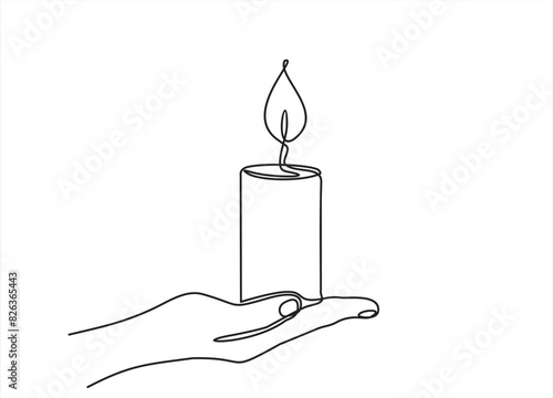 Continuous one line drawing of a hand holding burning candle. Human hands holding a memory candle. Melting wax candle in left hand. Vector minimalism design isolated on white background