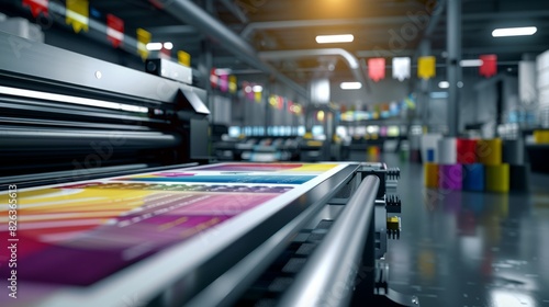 A large printing press is in a factory with a rainbow of colors on the paper