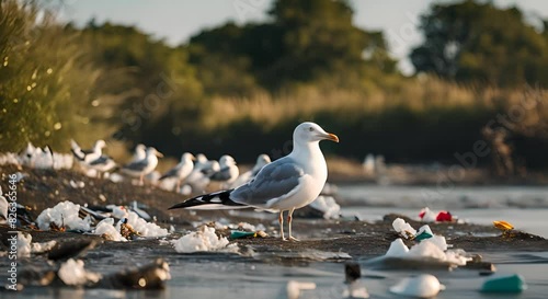 Seagull on a beach full of garbage.	
 photo