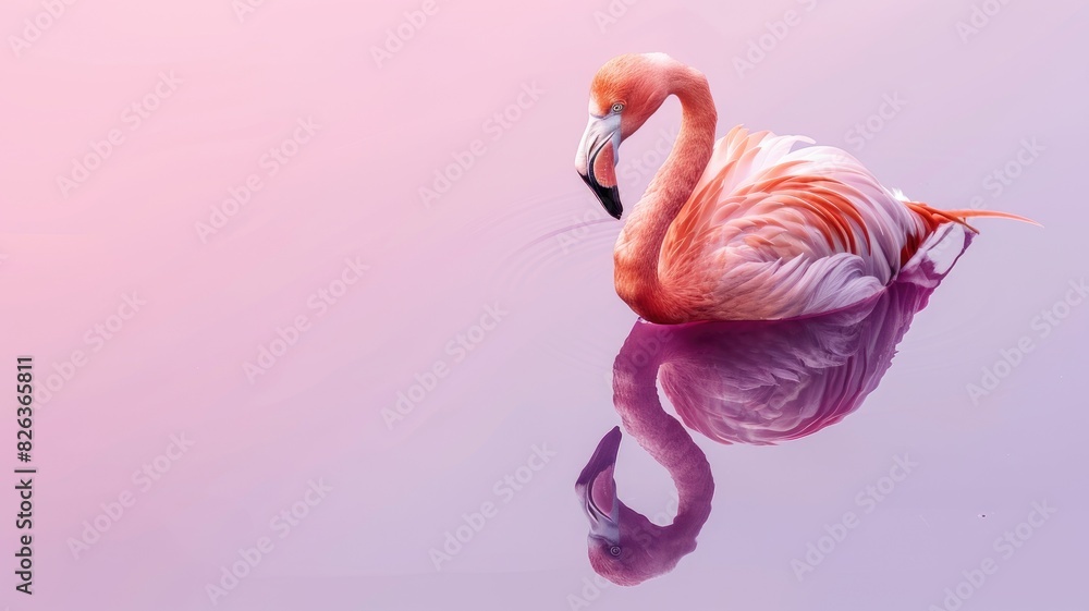 Naklejka premium Single pink flamingo standing in still water reflecting its image