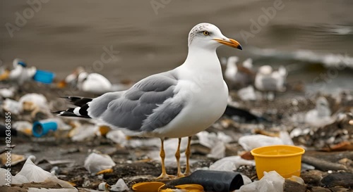 Seagull on a beach full of garbage.	
 photo