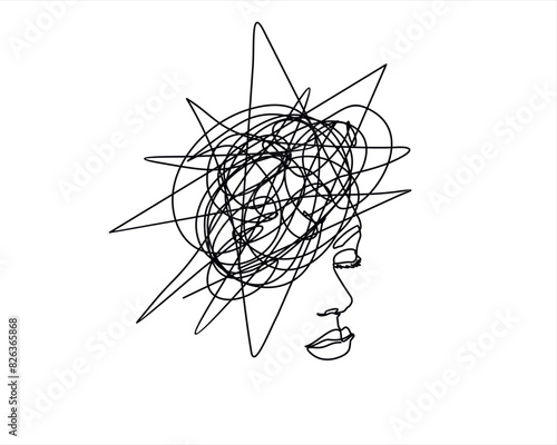 Continuous one line drawing of a woman with confused feelings worried about bad mental health. Problems, stress, sad and depression concept in doodle style. Liner Vector illustration