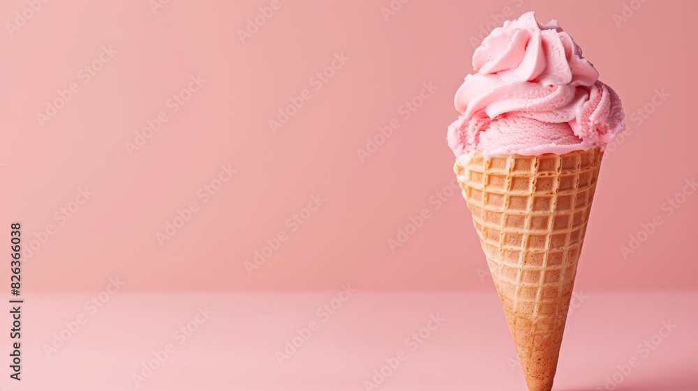 Pink ice cream in waffle cone on pink background