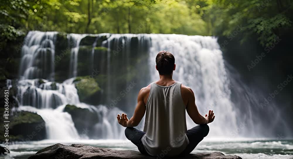 Man doing yoga at the waterfall.
Man doing yoga at the waterfall.