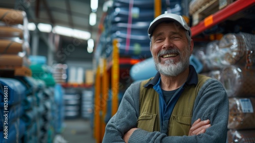 A smiling worker in a protective outfit  standing with arms crossed in a warehouse